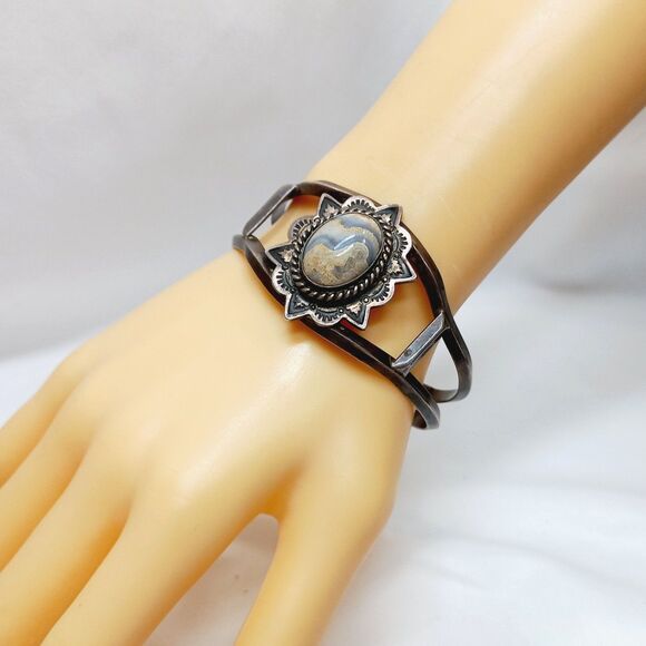 Navajo Sterling Silver Jasper Stone Bracelet SIGNED - Picture 3 of 10